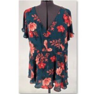 616-33 Torrid Teal Floral Georgette Flutter Sleeve Babydoll Top Blouse 2 (18/20)